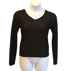 Cadence Long Sleeve Loose Knit Black V Neck Top Women's Large